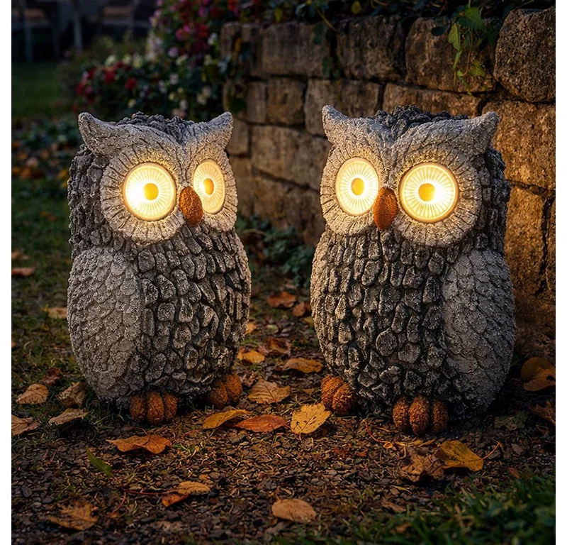 LED Dekofigur, LED-Leuchtmittel fest verbaut, Solar Eule Gartenskulptur für Außen Gartendeko Figur Skulptur de Globo en Gris – photo produit