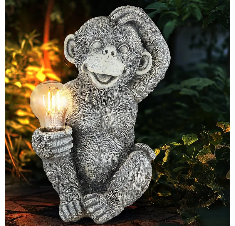 LED Dekofigur, LED-Leuchtmittel fest verbaut, Solarleuchte Außenlampe Affe Gartendeko Terrassenleuchte klar de Globo en Gris – photo produit