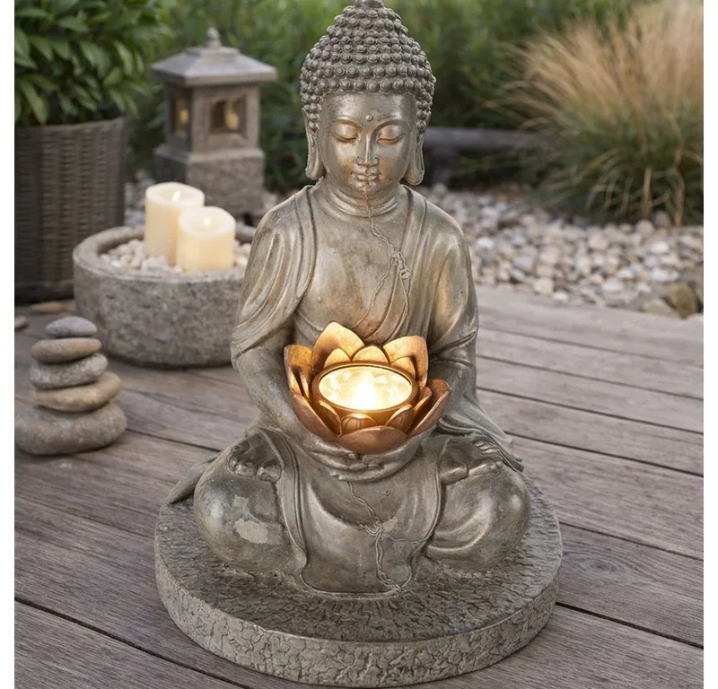 LED Dekofigur, LED-Leuchtmittel fest verbaut, Warmweiß, LED Solarlampe Lampe Leuchte beleuchtete Skulptur Buddha Kunststoff fra Globo i Grå – produktbillede