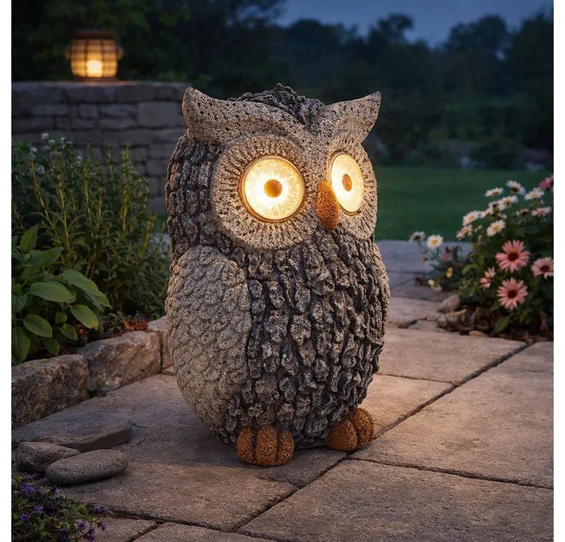LED Dekofigur, LED-Leuchtmittel fest verbaut, Warmweiß, Solar Eule Gartenskulptur für Außen Gartendeko Figur Skulptur de Globo en Gris – photo produit