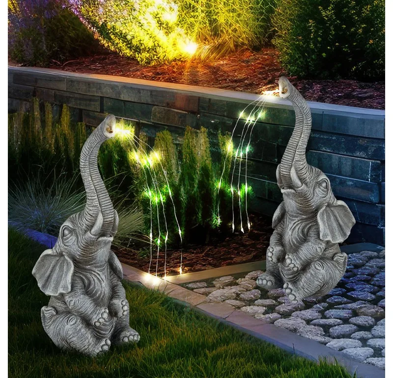 LED Dekofigur, LED-Leuchtmittel fest verbaut, Warmweiß, Solarleuchte Außenlampe Elefant Gartendeko Terrasse 2er Set fra Globo i Grå – produktbillede
