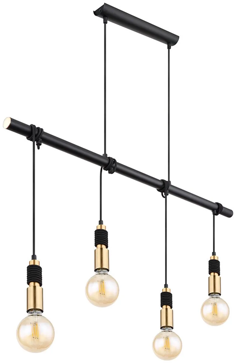 LED eetkamerlamp hanglamp messing hanglamp 4 vlammen, in hoogte verstelbaar door wikkelen, 4x E27 stopcontacten, LxBxH 100x6x120 cm by Globo in Black – product photo