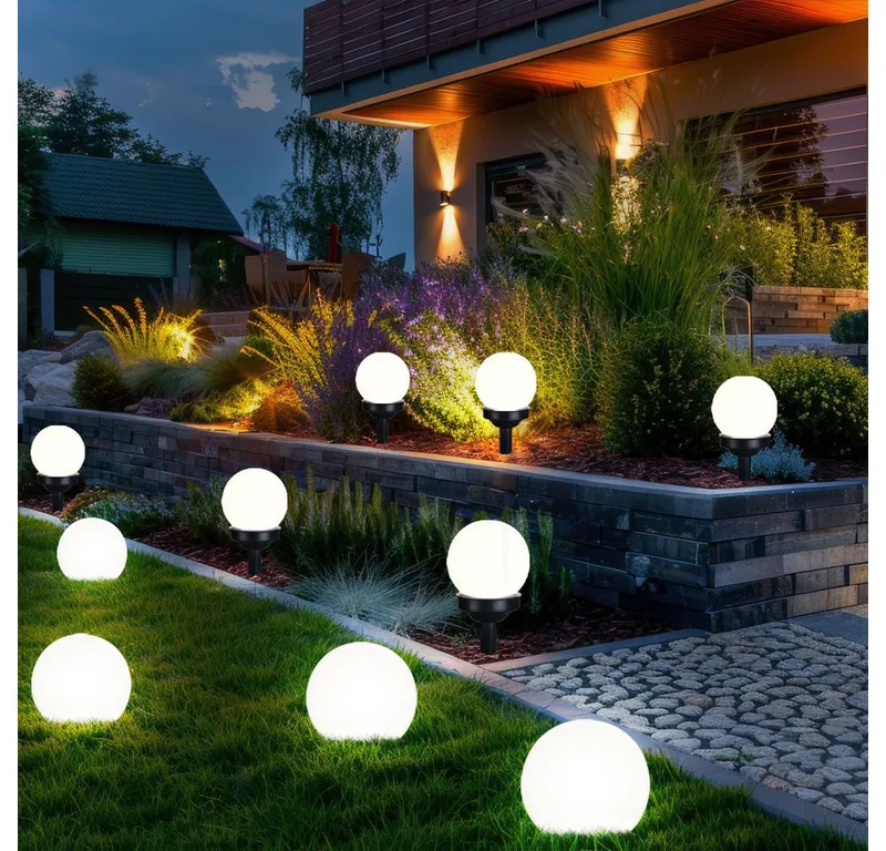 LED Gartenleuchte, LED-Leuchtmittel fest verbaut, Warmweiß, 10er Set LED Außen Solar Lampen Kugel Design Erd Spieß Steck de Globo en Blanc – photo produit