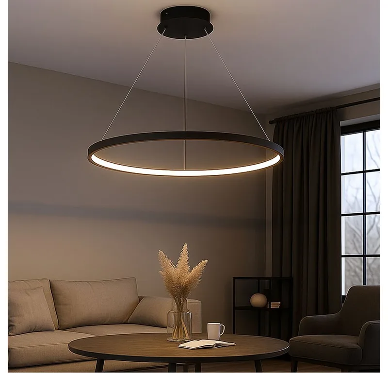 LED-Hängeleuchte, LED-Leuchtmittel fest verbaut, Warmweiß, LED Hängeleuchte Esstisch Pendelleuchte Ring LED van Globo in Zwart – productfoto