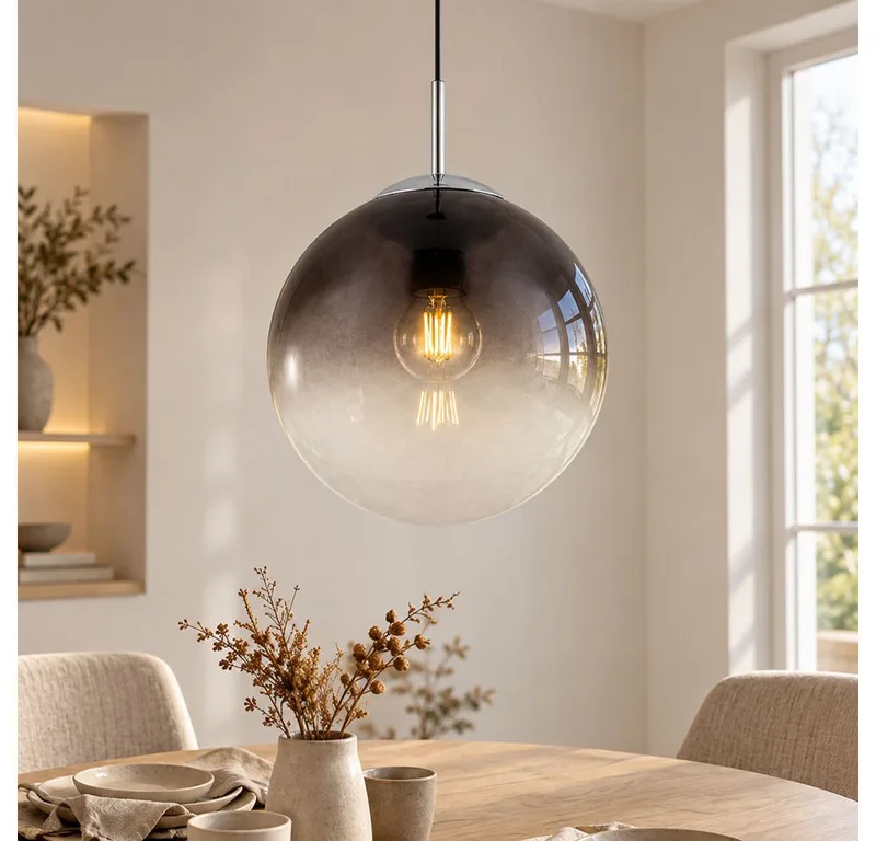 LED-Hängeleuchte, Leuchtmittel inklusive, Warmweiß, Glas Kugel Decken Hänge Lampe rauch Wohn Zimmer Pendel Leuchte im von Globo in Grau – Produktfoto