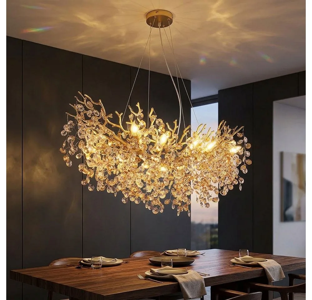 LED-Hängeleuchte, Leuchtmittel inklusive, Warmweiß, LED Kronleuchter Hängeleuchte Luster gold Glaskristalle amber L 100 cm de Globo – photo produit