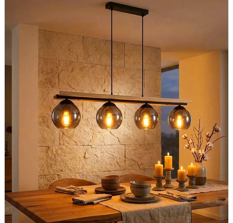 LED-Hängeleuchte, Leuchtmittel inklusive, Warmweiß, LED Pendelleuchte Hängelampe Holzoptik Esszimmerleuchte de Globo en Marron – photo produit
