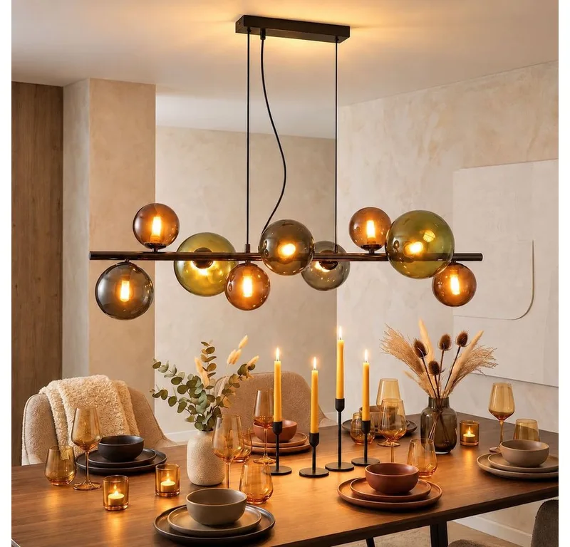 LED-Hängeleuchte, Leuchtmittel inklusive, Warmweiß, LED Pendelleuchte Wohnzimmerlampe Glaskugeln 9 Flammig grau H 120 cm von Globo in Mehrfarbig – Produktfoto