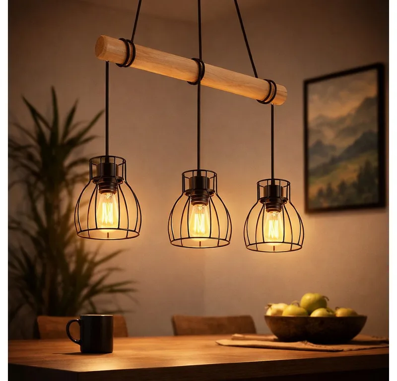 LED-Hängeleuchte, Leuchtmittel inklusive, Warmweiß, Vintage LED Pendelleuchte Hängelampe Holz Esstischlampe Gitter schwarz de Globo en Marron – photo produit