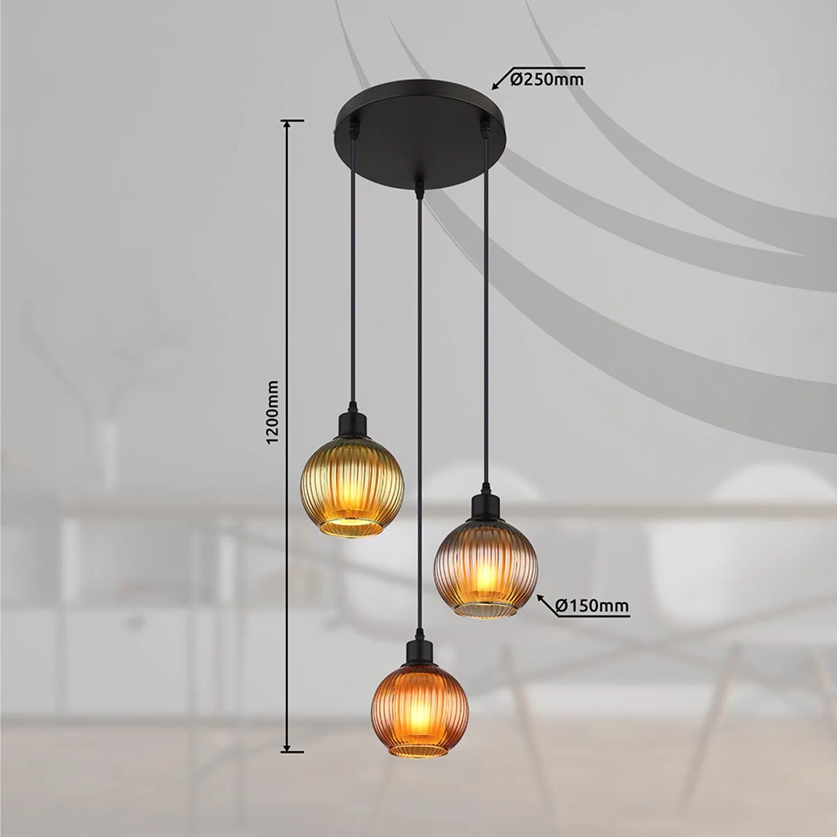 LED hanglamp 3 vlammen eettafel lamp glas woonkamer lamp hanglamp, glas petrol, brons, groen, 3x 7W 3x 806lm warm wit, DxH 36 x 120 cm de Globo en Kleurrijk – photo produit
