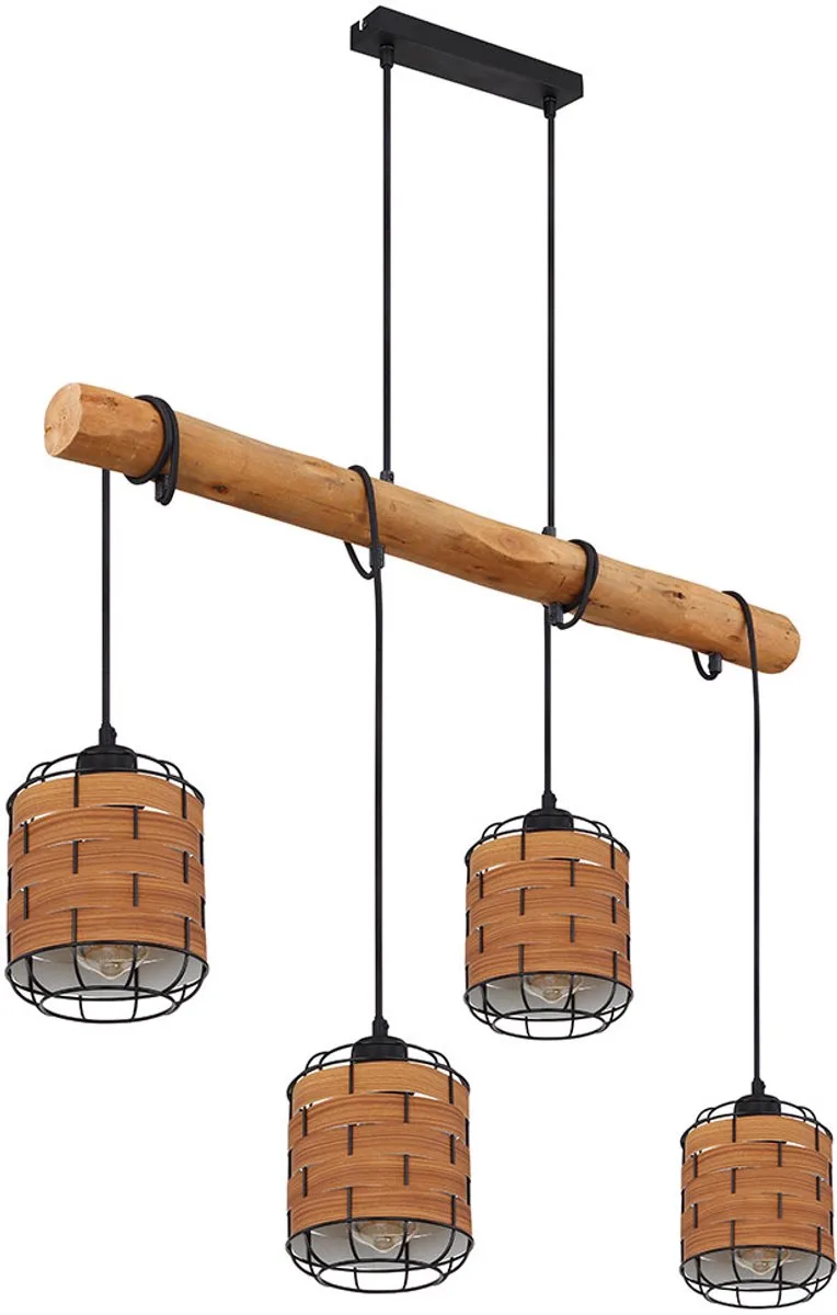 LED hanglamp 4 vlammen lampenkap hanglamp houtlook woonkamerlamp, verstelbaar, metaal kunststof, zwart 4x 7W 4x 806lm warm wit, LxBxH 85x15x140 cm by Globo in Brown – product photo