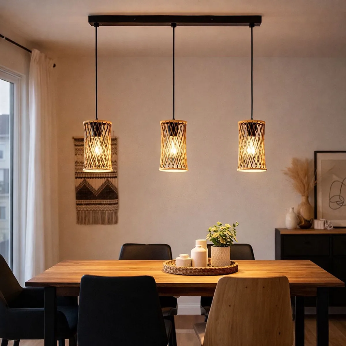 LED hanglamp bamboe zwart hanglamp 3-vlam eetkamerlamp bamboe vlechtwerk metaal, 3x 4W 320Lm warm wit, LxBxH 72x12x150 cm de Globo en Marron – photo produit