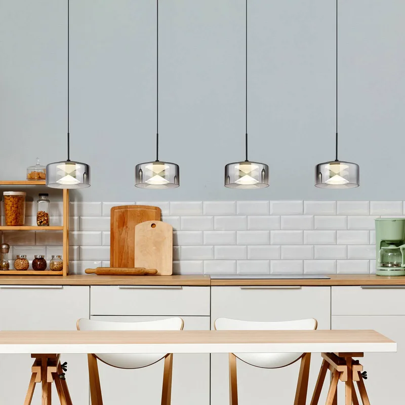 LED hanglamp Belinda, lengte 105 cm, rookgrijs, 4-lamps. de Globo en Rookgrijs, Transparent, Noir – photo produit
