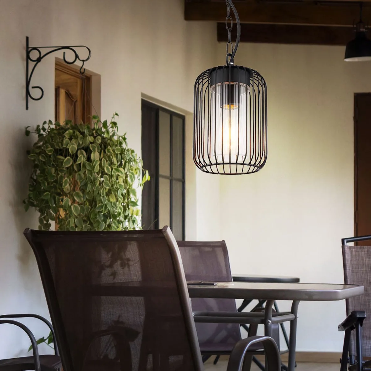 LED hanglamp buitenlamp tuinlamp hanglamp roestvrij staal, metalen stangen helder, E27 gloeidraad LED warm wit, DxH 16 x 75,5 cm de Globo en Noir – photo produit