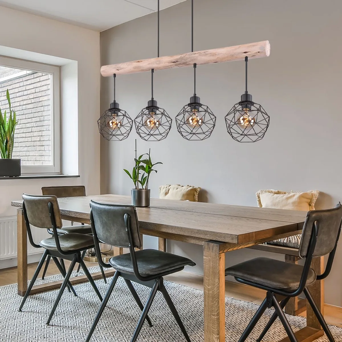 LED-hanglamp, dimbaar, pendellamp, plafondlamp, eetkamerlamp, woonkamerlamp, houten balken, rustiek, vintage, retro, 4x 7W, 4x 630 lm, warmwit, LxBxH 85x18x120 cm von Globo in Braun – Produktfoto