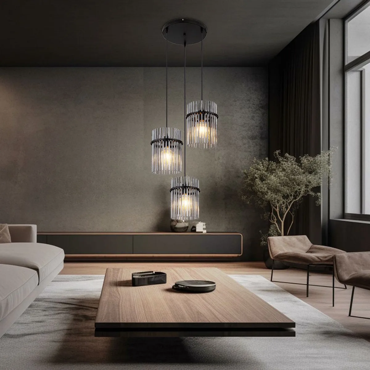 LED hanglamp Eetkamerlamp Woonkamerlamp Plafondlamp, metalen glazen staven zwart gerookt, 3x 7W 806Lm warm wit, H 140 cm de Globo en Gris – photo produit