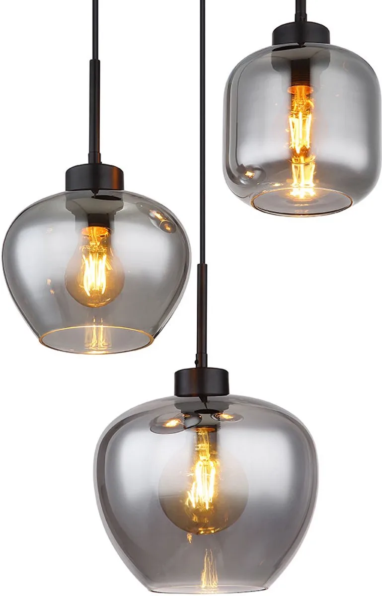 LED hanglamp eettafel lamp gerookt glas woonkamer lamp hanglamp 3 vlammen, metaal 3x 7W 806Lm warm wit, DxH 38x120 cm by Globo in Black – product photo