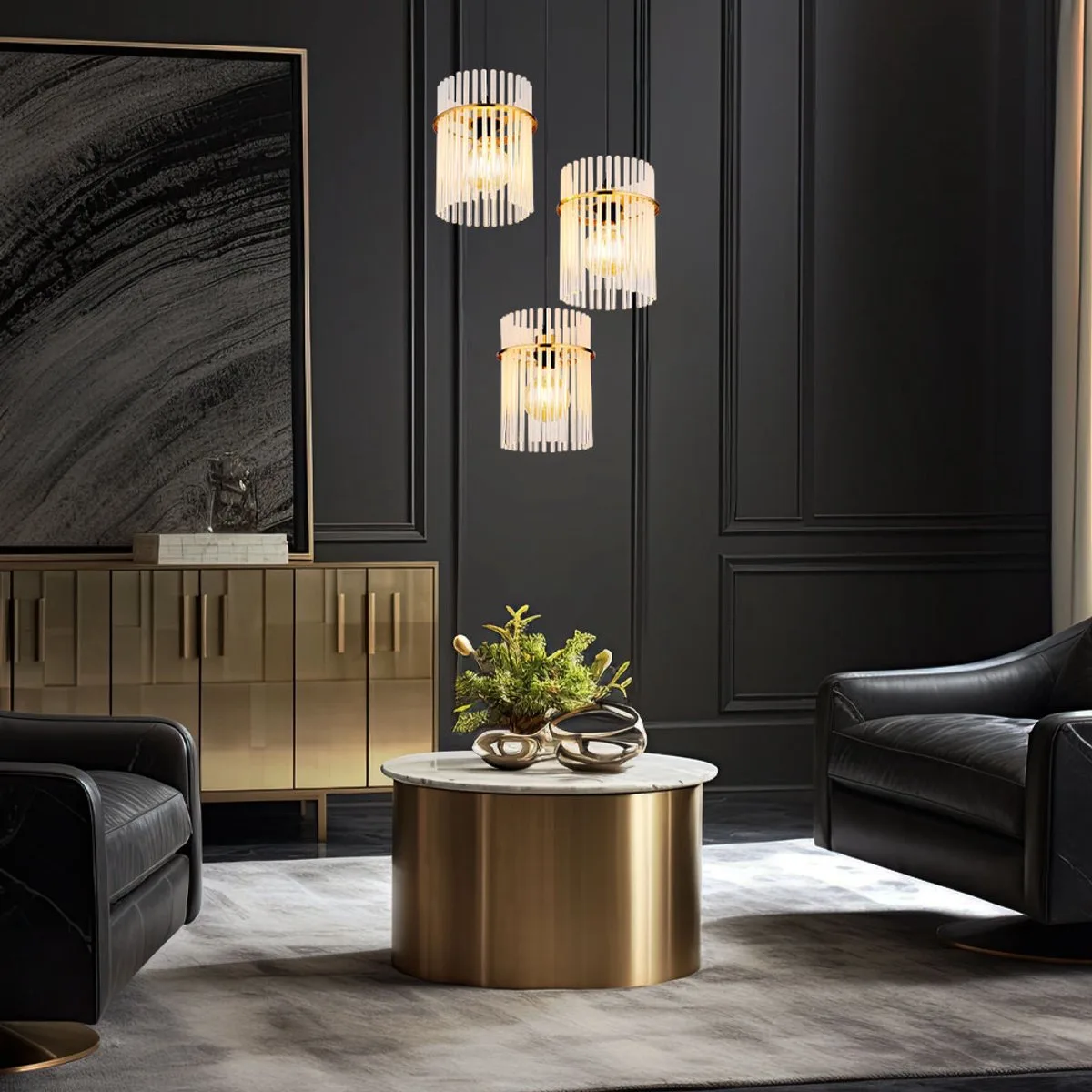 LED hanglamp eettafel lamp hanglamp woonkamer 3 vlammen, metaal zwart hout bruin glas rook, 3x 7W 3x 806 lm warm wit, DxH 47 x 140 cm de Globo en Or – photo produit