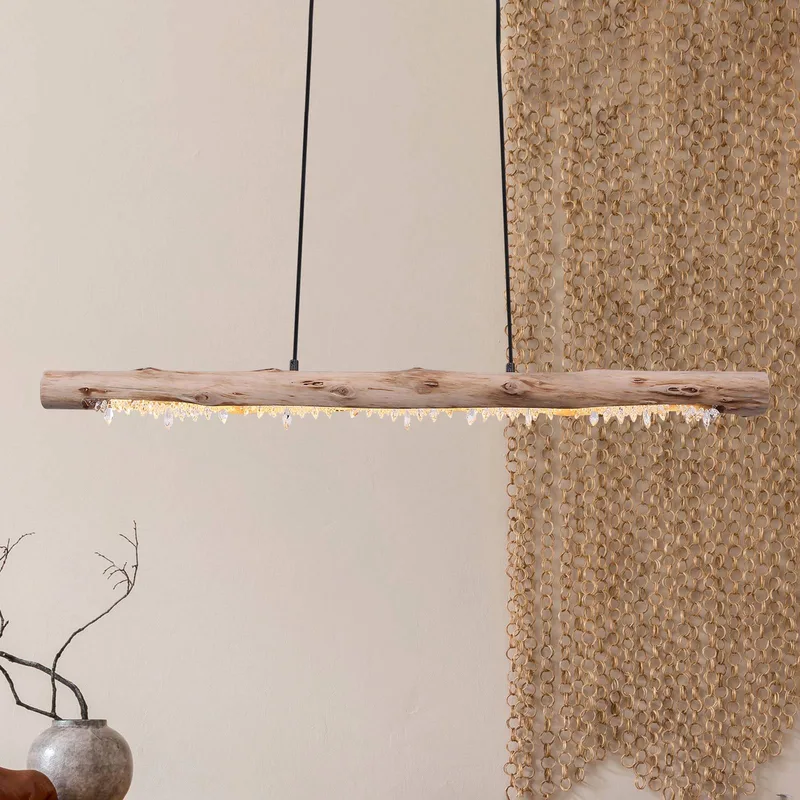 LED hanglamp Felicitas van hout, lengte 100 cm by Globo in Hout licht, Mat zwart, Helder – product photo
