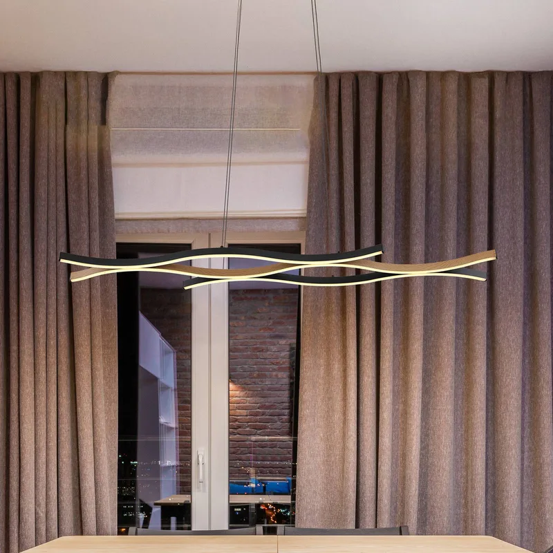 LED hanglamp Geronimo, lengte 108 cm, zwart/houtlook de Globo en Noir, Donker hout – photo produit