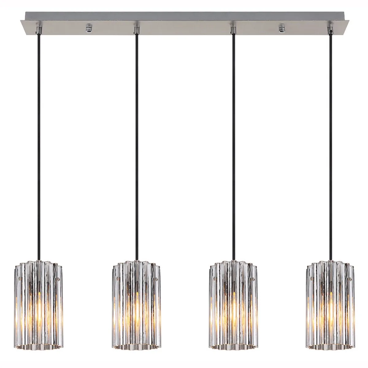 LED hanglamp glas eetkamerlamp 4-vlam, metaal, 4x E27 LED warm wit, LxBxH: 80x11,5x120 cm von Globo in Silber – Produktfoto