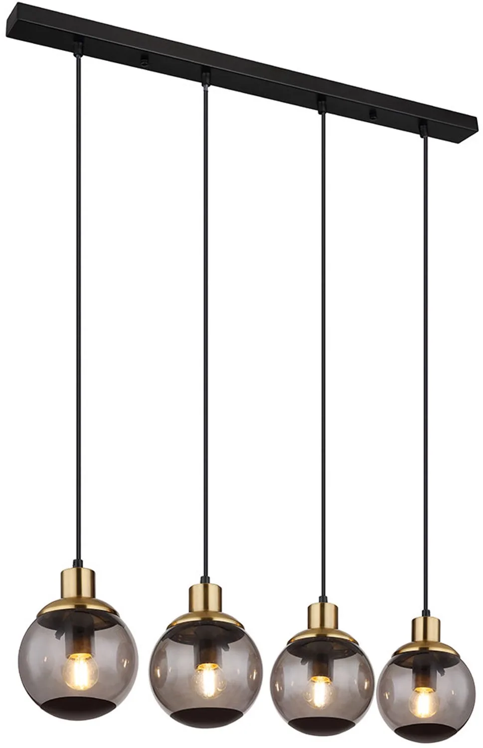 LED hanglamp glas modern hanglamp rookglas 4 vlammen metalen glazen bollen messing retro, 4x 6,5W 806Lm warm wit, LxBxH 75x15x110cm by Globo in Black – product photo