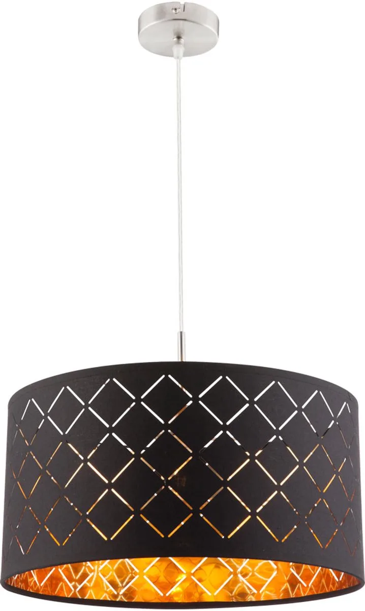 LED hanglamp hanglamp eettafel moderne woonkamer lamp, textiel kap rond, metaal goud, 9W 810lm warm wit, DxH 40x140 cm by Globo in Black – product photo