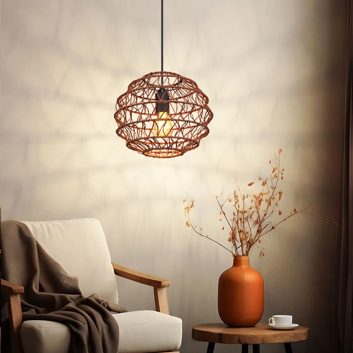 LED hanglamp Hanglamp Plafondlamp Woonkamerlamp Eetkamerlamp Keukenlamp, metaal papier zwart donkerbruin, 1x 7W 630Lm warm wit, H 120 cm de Globo en Marron – photo produit