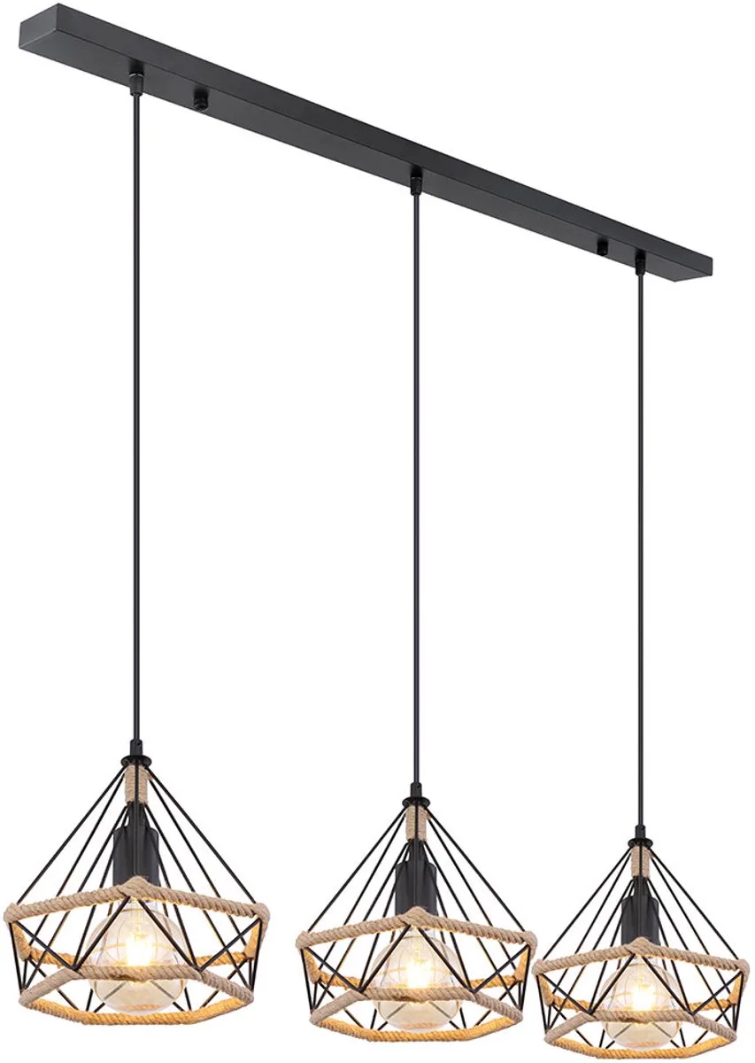 LED hanglamp Hanglamp plafondlamp Woonkamerlamp Eetkamerlamp, metalen zwarte henneptouw bruine raster kappen, 3x 7W 806Lm warm wit, L 100 cm de Globo en Noir – photo produit