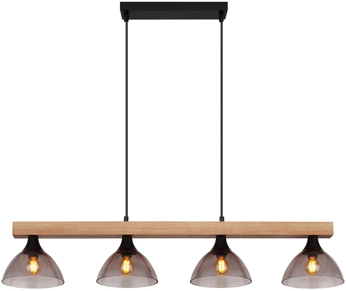 LED hanglamp hout hanglamp, 4 vlammen, houten balk rookglas metaal zwart mat, 4x 4W 4x 350lm warm wit, LxBxH 96x17x150cm by Globo in Brown – product photo