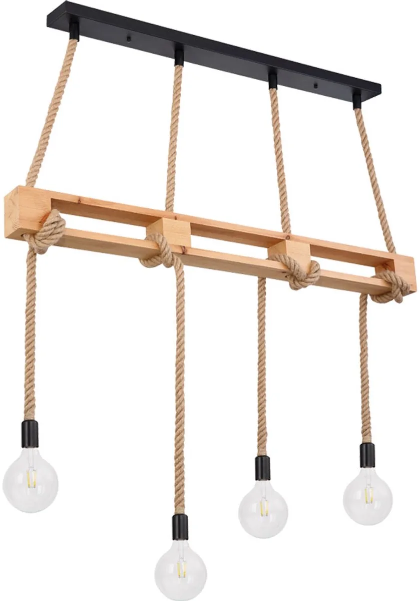 LED hanglamp hout pallets design hanglamp 4-vlam eetkamerlamp henneptouw hout, 4x 7W 720Lm warm wit, LxBxH 120x10x120 cm de Globo en Marron – photo produit