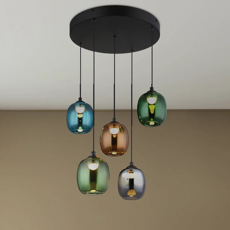 LED hanglamp Minara, 5-lamps, Ø 43 cm, veelkleurig, glas van Globo in Meerkleurig, Matzwart – productfoto