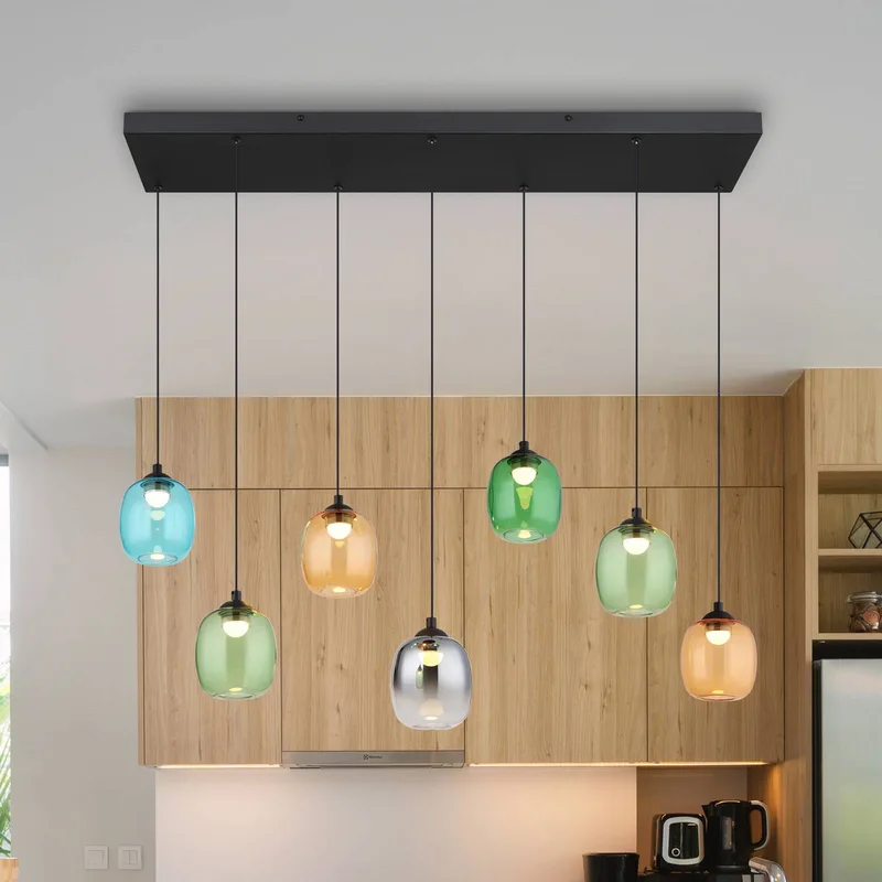 LED hanglamp Minara, 7-lamps, lengte 102 cm, kleurrijk, glas fra Globo i Flerfarvet, Mat zwart – produktbillede