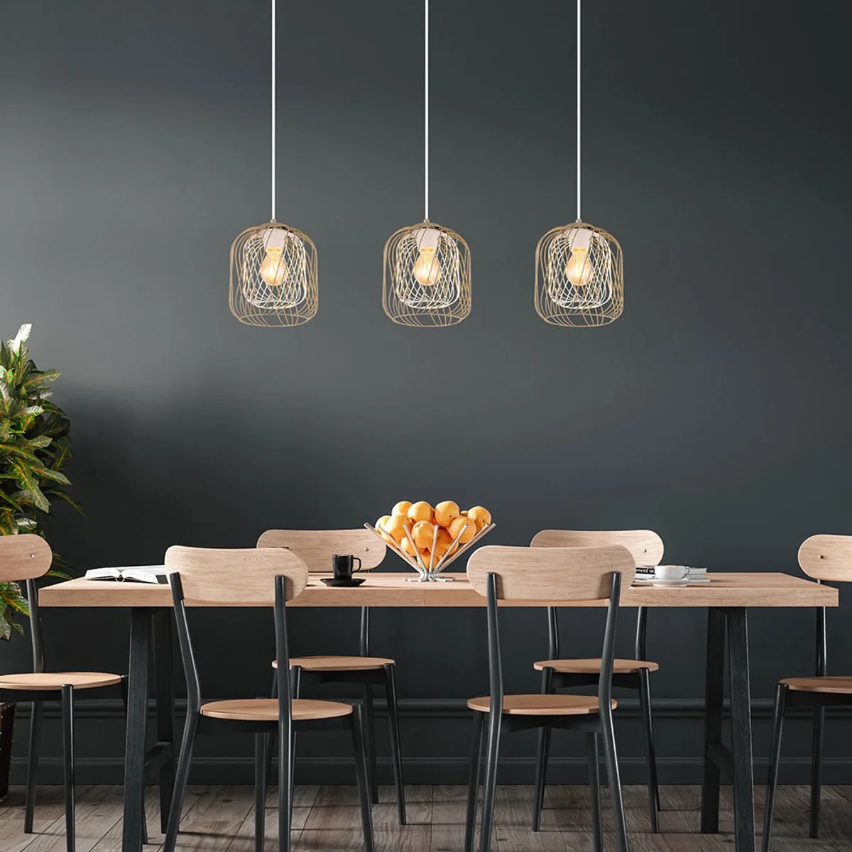 LED hanglamp retro hanglamp zandkleur 3 vlammen eetkamerlamp traliekappen, metaal, 3x 7W 630lm warm wit, LxBxH 84x18x150 cm by Globo in Zand – product photo
