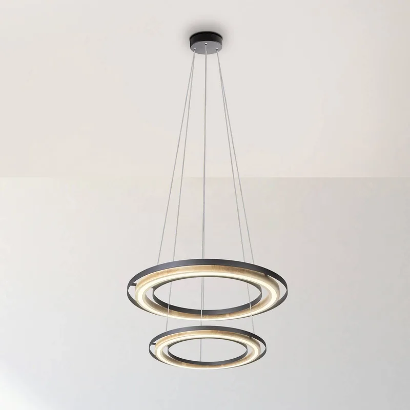 LED hanglamp Rilas, zwart/hout, Ø 57 cm, dimbaar de Globo en Noir, Licht hout – photo produit