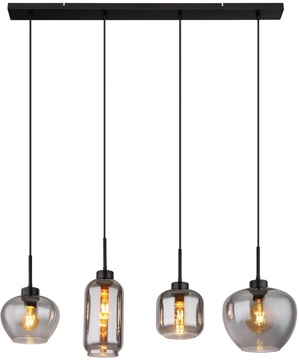 LED hanglamp rookglas eetkamerlamp zwart, metaal, 4x E27 gloeidraad LED warm wit, LxBxH 99,5x24x120 cm de Globo en Gris – photo produit
