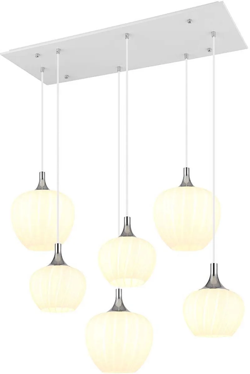 LED hanglamp wit verchroomd eetkamer tafellamp glazen kappen opaal, metaal, 6x 10,5W 6x 1055 lm warm wit, LxBxH 86x42x120 cm de Globo en Blanc – photo produit