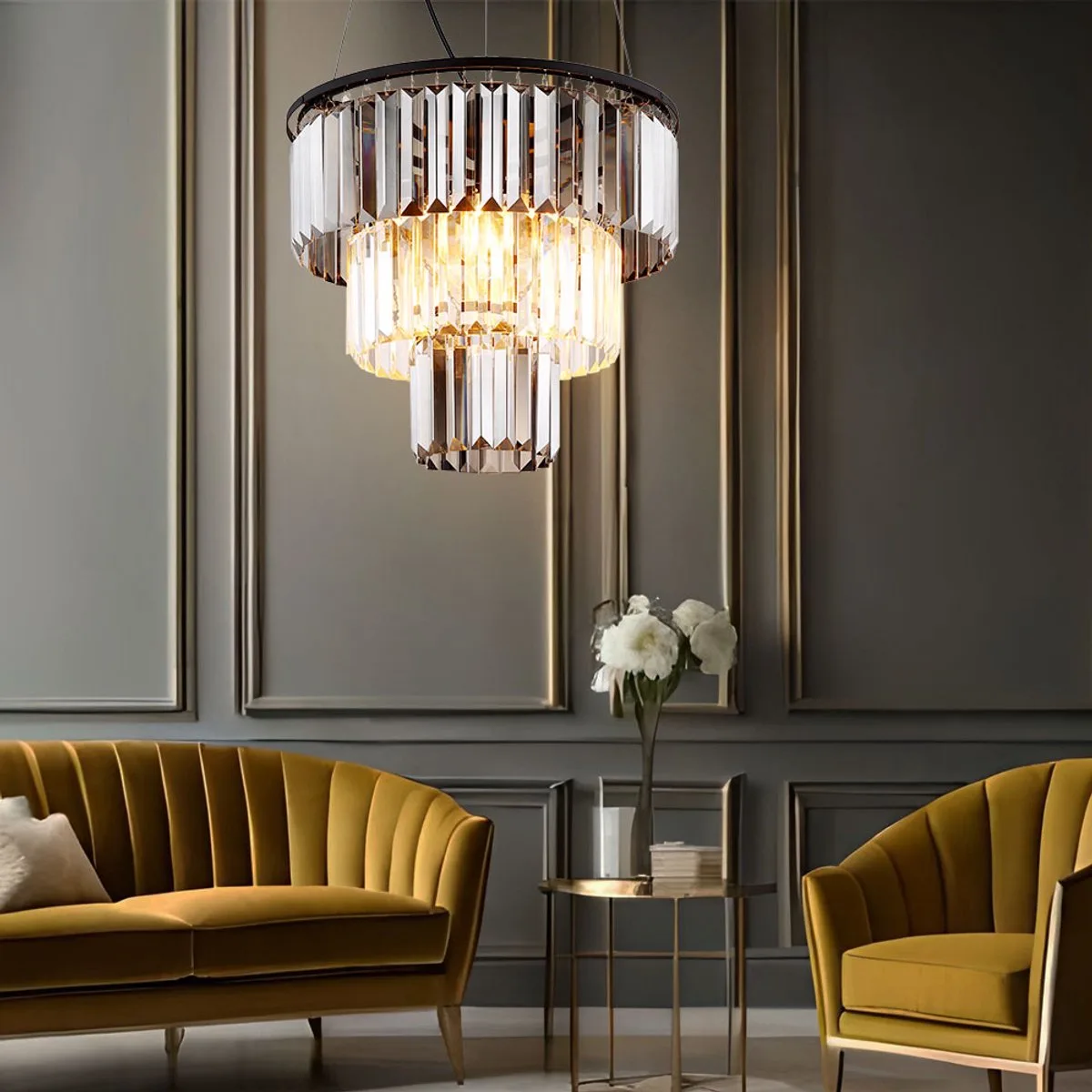 LED kroonluchter hanglamp hanglamp woonkamerlamp eetkamerlamp, metaal glas kristallen rookkleurig, 3x 7W 3x 806lm warm wit, H 120 cm fra Globo i Sort – produktbillede