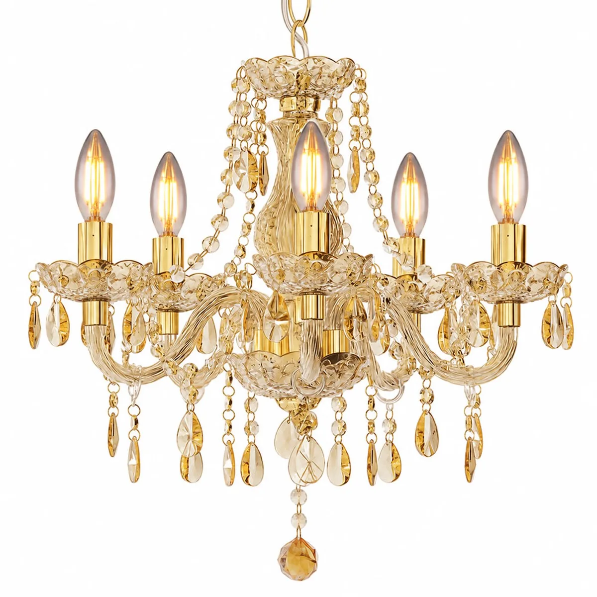 LED kroonluchter kristallen plafondlamp hanglamp eetkamerlamp woonkamerlamp, metaal acryl 5 vlammen E14 LED warm wit, DxH 48x150 cm von Globo in Gold – Produktfoto
