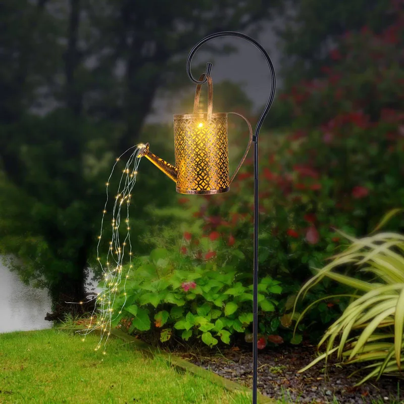 LED lamp op zonne-energie 336523, goud, gieter, grondspies, metaal fra Globo i Guld, Sort – produktbillede