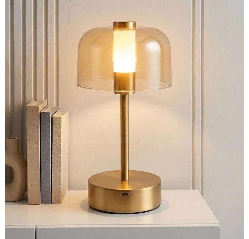LED Nachttischlampe, LED-Leuchtmittel fest verbaut, Farbwechsel, Neutralweiß, Kaltweiß, Warmweiß, Tageslichtweiß, Tischleuchte Beistelllampe Metall goldfarben LED Touchdimmer H 25cm fra Globo – produktbillede