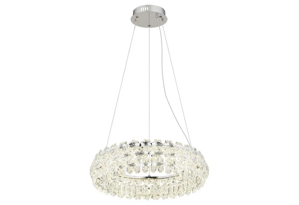 LED Pendelleuchte DIANN, 1-flammig, Chromfarben, Transparent, LED fest integriert, Neutralweiß, Metall, Lampenschirm aus K9-Kristallglas, Ø 60 x H 150 cm de Globo en Gris – photo produit