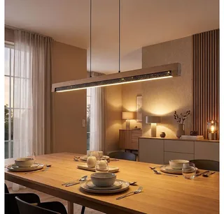 LED Pendelleuchte, LED-Leuchtmittel fest verbaut, Warmweiß, LED Pendellampe Esstischleuchte Metall Holzbalken braun H 120 cm de Globo en Noir – photo produit 4 sur 5