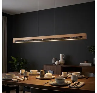 LED Pendelleuchte, LED-Leuchtmittel fest verbaut, Warmweiß, LED Pendellampe Esstischleuchte Metall Holzbalken braun H 120 cm de Globo en Noir – photo produit 1 sur 5