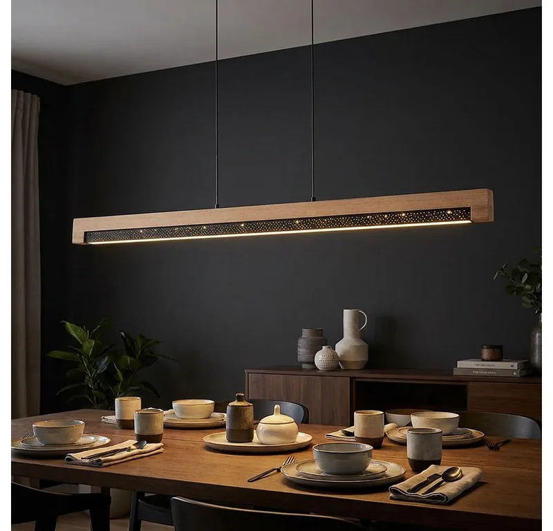 LED Pendelleuchte, LED-Leuchtmittel fest verbaut, Warmweiß, LED Pendellampe Esstischleuchte Metall Holzbalken braun H 120 cm de Globo en Noir – photo produit 1 sur 5