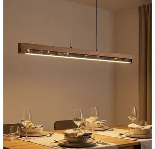 LED Pendelleuchte, LED-Leuchtmittel fest verbaut, Warmweiß, LED Pendellampe Esstischleuchte Metall Holzbalken braun H 120 cm de Globo en Noir – photo produit 3 sur 5