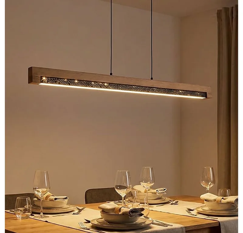 LED Pendelleuchte, LED-Leuchtmittel fest verbaut, Warmweiß, LED Pendellampe Esstischleuchte Metall Holzbalken braun H 120 cm de Globo en Noir – photo produit 3 sur 5