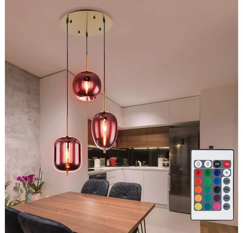 LED Pendelleuchte, Leuchtmittel inklusive, Farbwechsel, Warmweiß, Hänge Decken Lampe dimmbar FERNBEDIENUNG Glas Leuchte rauch im Set de Globo en Noir – photo produit 2 sur 4