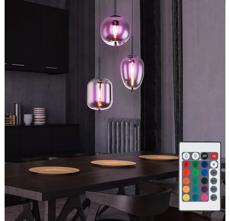 LED Pendelleuchte, Leuchtmittel inklusive, Farbwechsel, Warmweiß, Hänge Decken Lampe dimmbar FERNBEDIENUNG Glas Leuchte rauch im Set de Globo en Noir – photo produit 4 sur 4