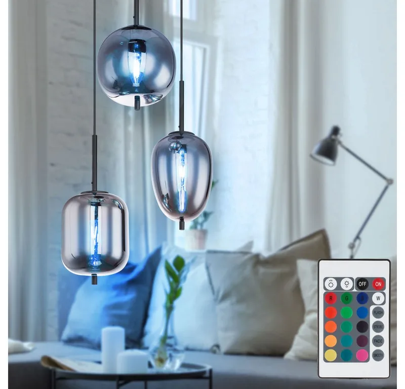 LED Pendelleuchte, Leuchtmittel inklusive, Farbwechsel, Warmweiß, Hänge Decken Lampe dimmbar FERNBEDIENUNG Glas Leuchte rauch im Set de Globo en Noir – photo produit 3 sur 4
